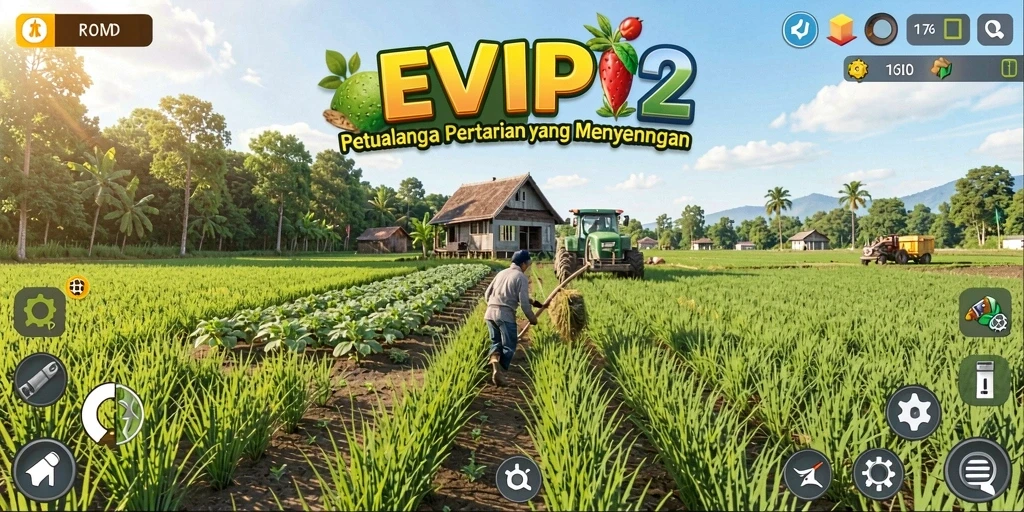 Screenshot utama EVIP2 menampilkan gameplay seru bertani.