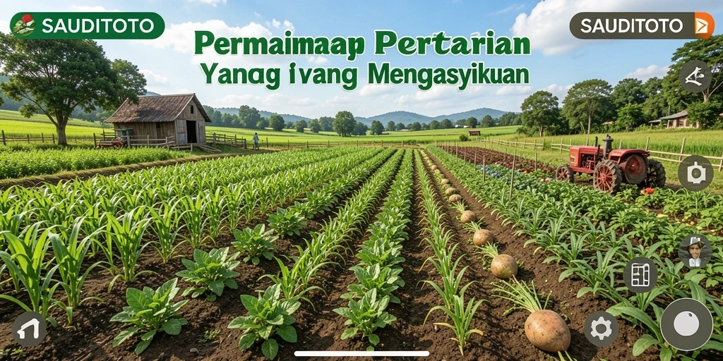 Screenshot gameplay SAUDITOTO menampilkan ladang hijau subur dan tanaman yang berkembang.