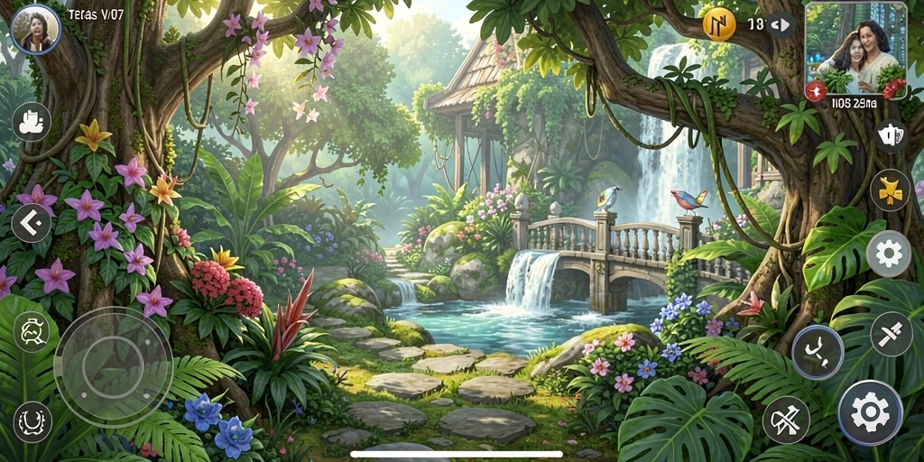 Gameplay seru V07 dengan grafik kebun yang indah.