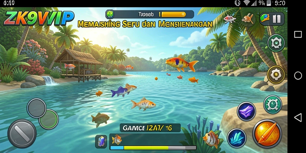 Screenshot menunjukkan gameplay memancing yang seru dengan beragam ikan.